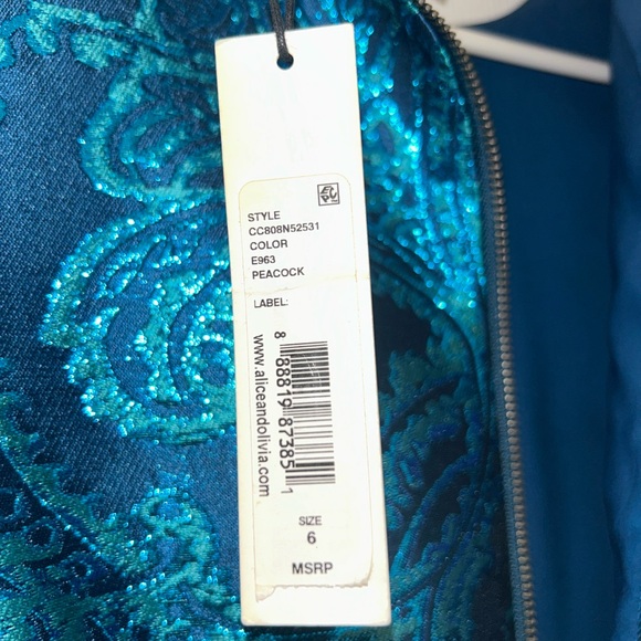 NWT Alice + Olivia “Stasia” Metallic Teal Brocade Fit & Flare Dress Size 6 - Picture 10 of 10